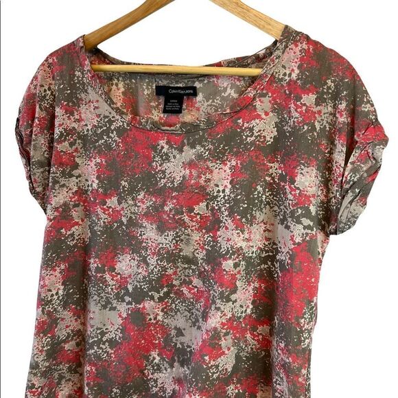 CALVIN KLEIN JEANS Cotton Coral&Tan Printed Shirt Sleeve Bubble Casual Top S - Picture 2 of 8